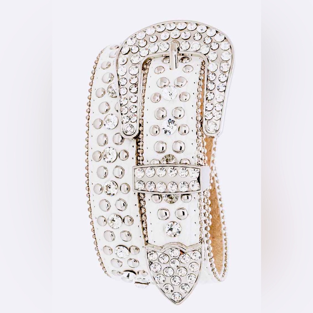 White Genuine Leather Crystal Studded Western Statement Belt